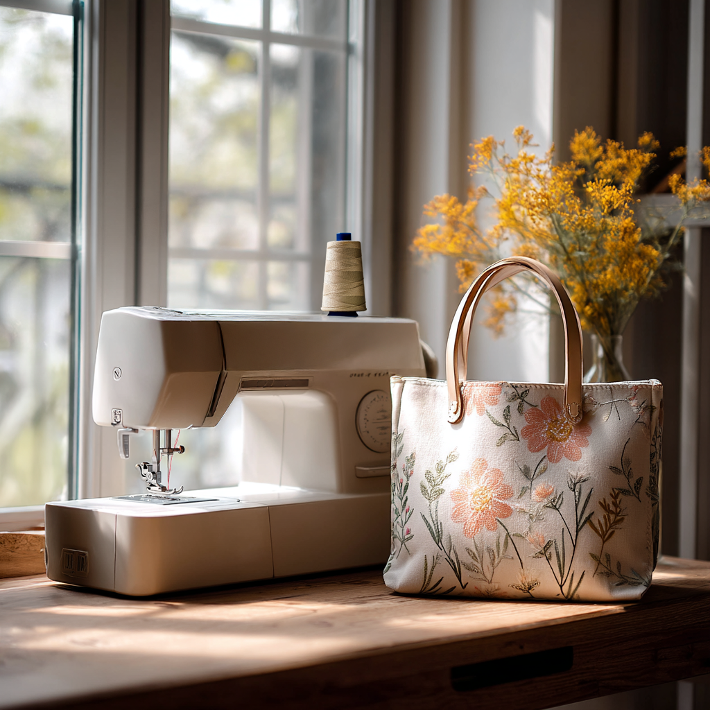 A modern sewing machine sits on a wooden table by a sunlit window, with a handmade floral tote bag featuring embroidered flowers and leather handles placed beside it. A glass vase with yellow wildflowers decorates the background.