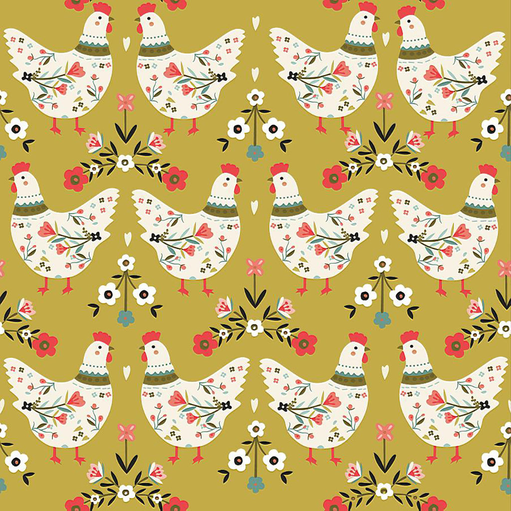 Chickens on Mustard 1000% cotton by Sew Yours